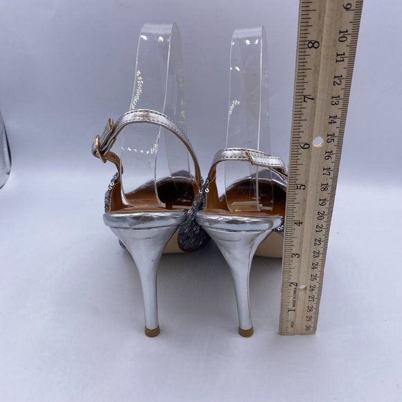 FSJ Silver Slingback pointed Kitten Heel Sandals - Picture 6 of 9